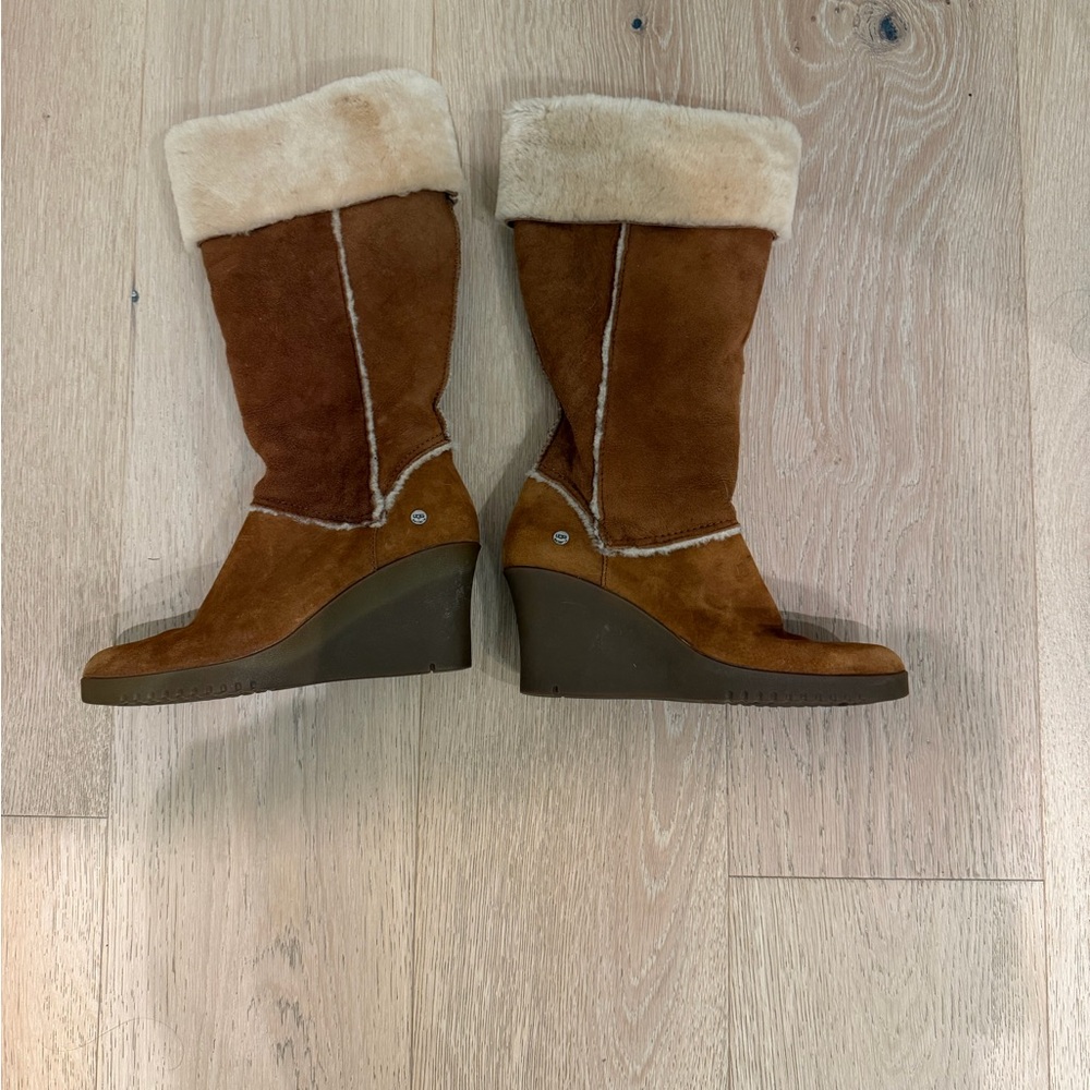 Women's Tan Suede Wedge Shearling Boots - Picture 3 of 5